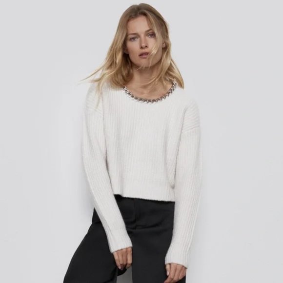 Zara Wool Blend Chain Collar Cropped Sweater S - Picture 4 of 16